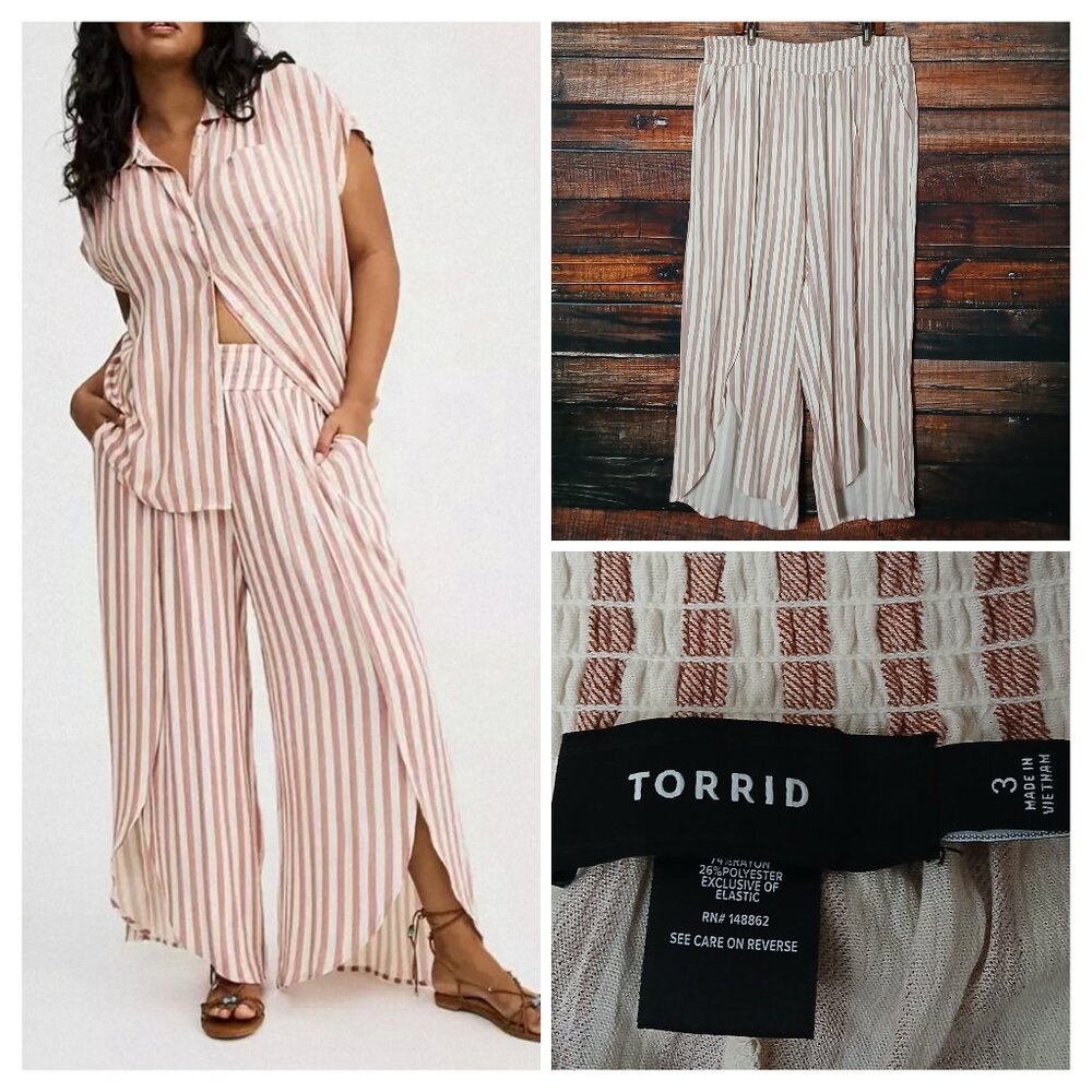 NWT Torrid Pants 3 3X Wrap Leg Crinkle Gauze Mauve Cream Striped Pockets